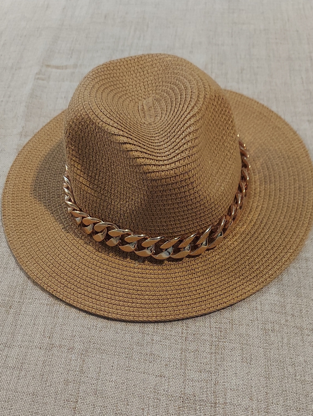 Woven Straw Fedora Hat with Gold Chain
